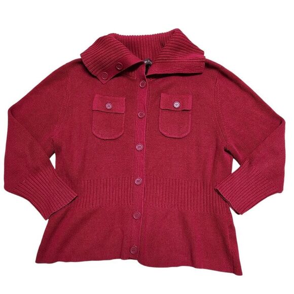 ⚖️🇬🇪🔹️Bandolino Red Knit Wide Collar Button Front 3/4 Sleeve Sweater Large - Picture 1 of 11